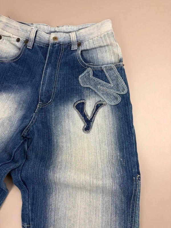 Hood Boyz "NYC Patch" Baggy Denim - Washed Blue Patchwork Y2K - Past Pieces