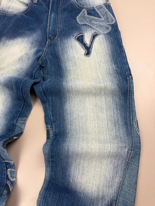 Hood Boyz "NYC Patch" Baggy Denim - Washed Blue Patchwork Y2K