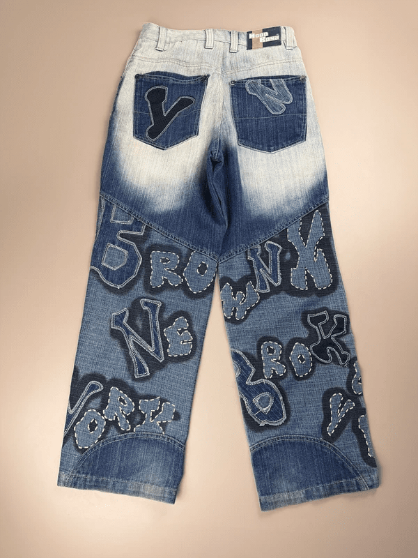 Hood Boyz "NYC Patch" Baggy Denim - Washed Blue Patchwork Y2K - Past Pieces