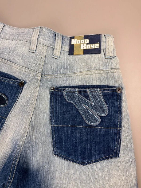 Hood Boyz "NYC Patch" Baggy Denim - Washed Blue Patchwork Y2K - Past Pieces