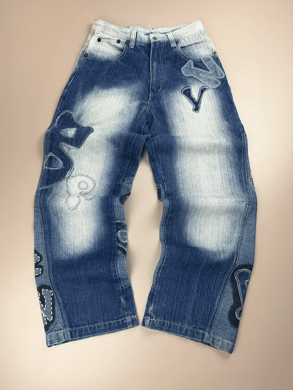 Hood Boyz "NYC Patch" Baggy Denim - Washed Blue Patchwork Y2K