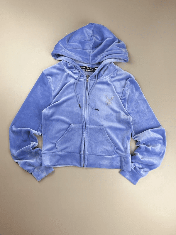 Iconic Playboy Velour Zip Hoodie - Pastel Blue