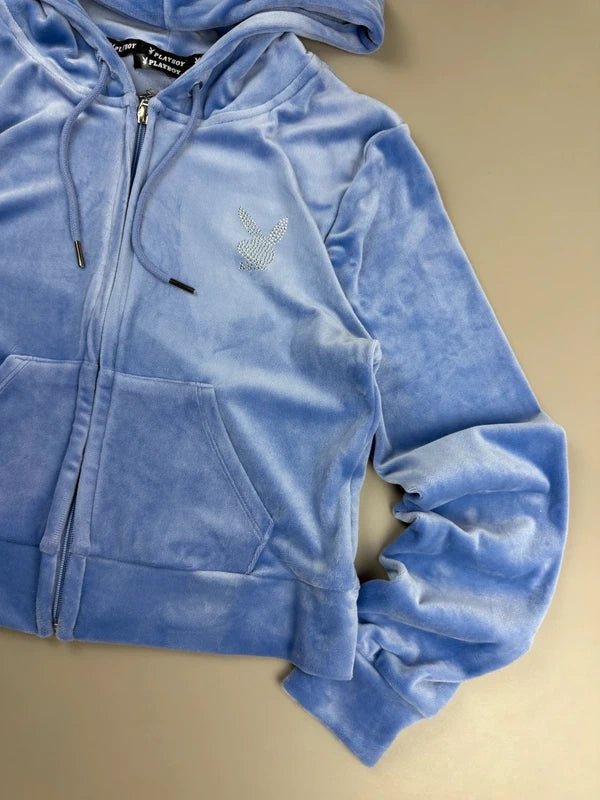 Iconic Playboy Velour Zip Hoodie - Pastel Blue