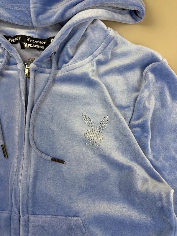 Iconic Playboy Velour Zip Hoodie - Pastel Blue - Past Pieces