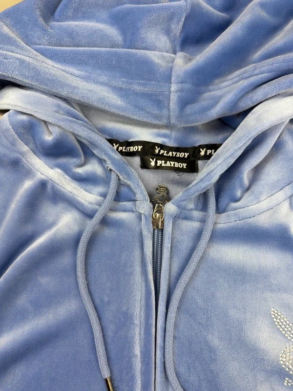 Iconic Playboy Velour Zip Hoodie - Pastel Blue - Past Pieces