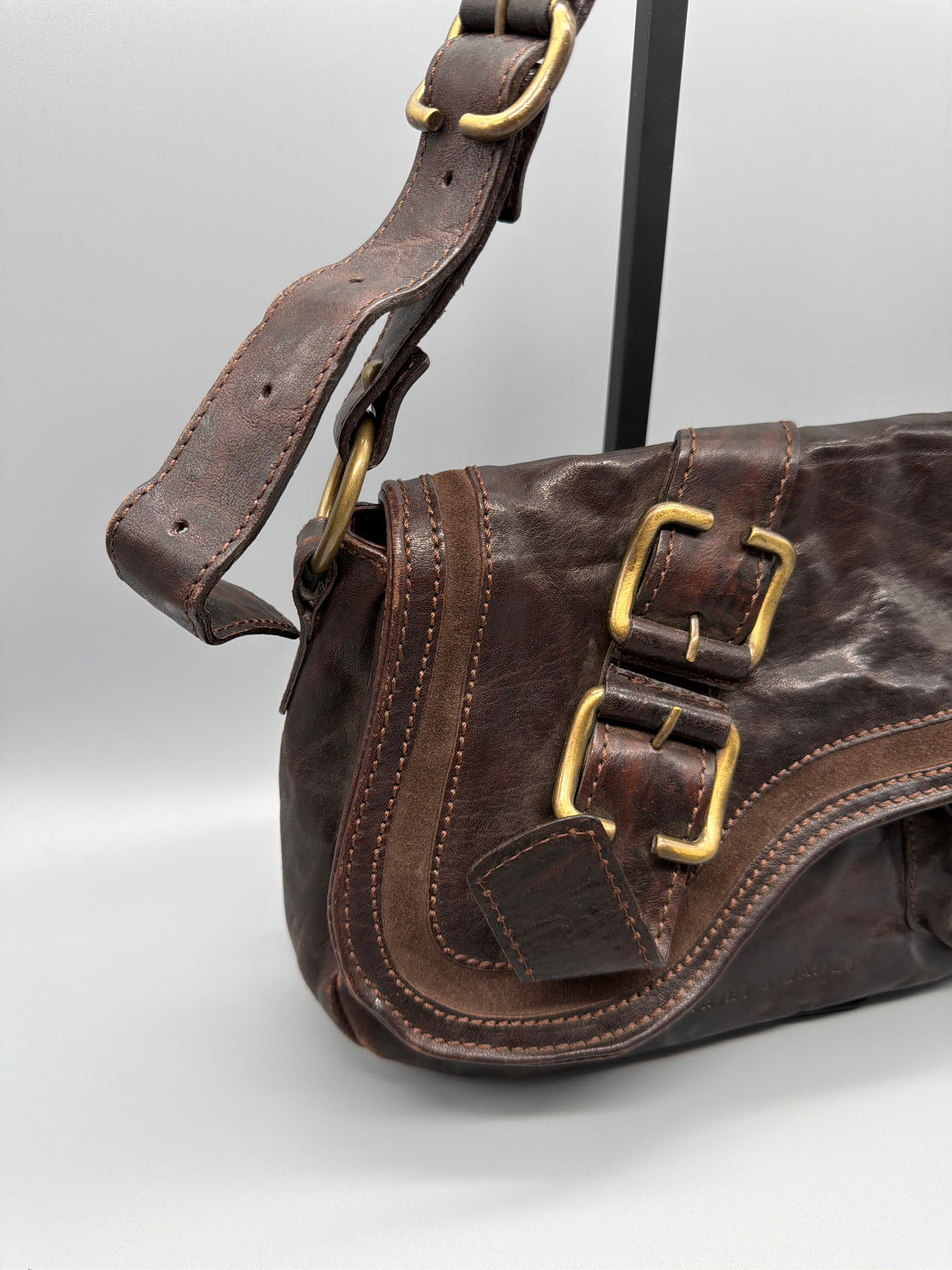 Janet & Janet Vintage Washed Leather Saddle Shoulder Bag - Dark Brown - Past Pieces