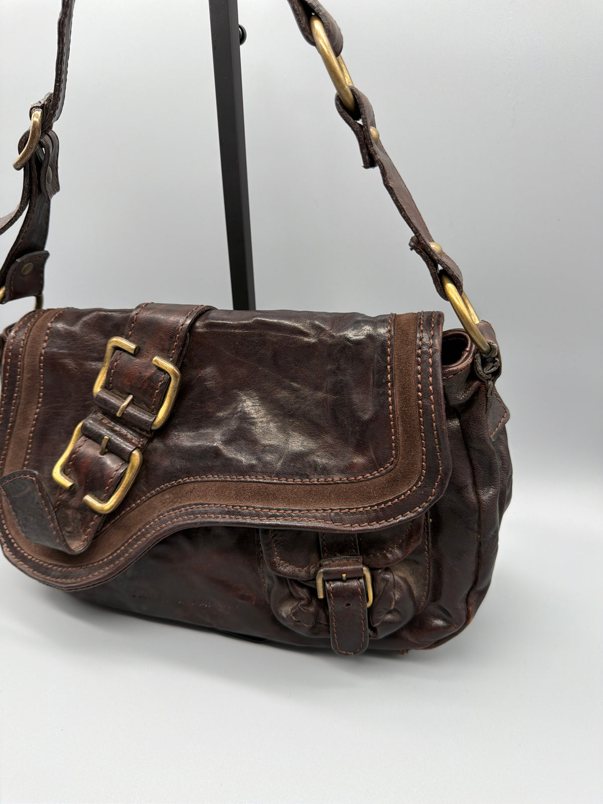 Janet & Janet Vintage Washed Leather Saddle Shoulder Bag - Dark Brown - Past Pieces
