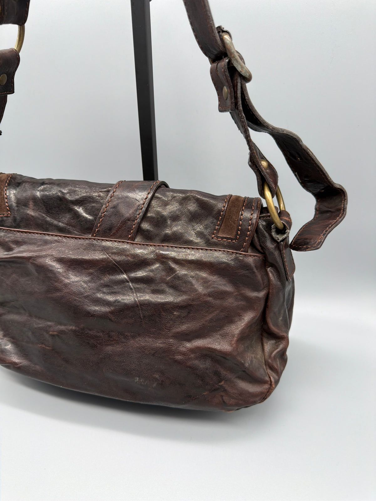 Janet & Janet Vintage Washed Leather Saddle Shoulder Bag - Dark Brown - Past Pieces
