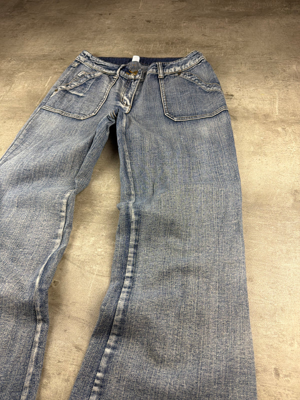 John Baner Y2K Low Waist Flared Denim Jeans - Washed Blue