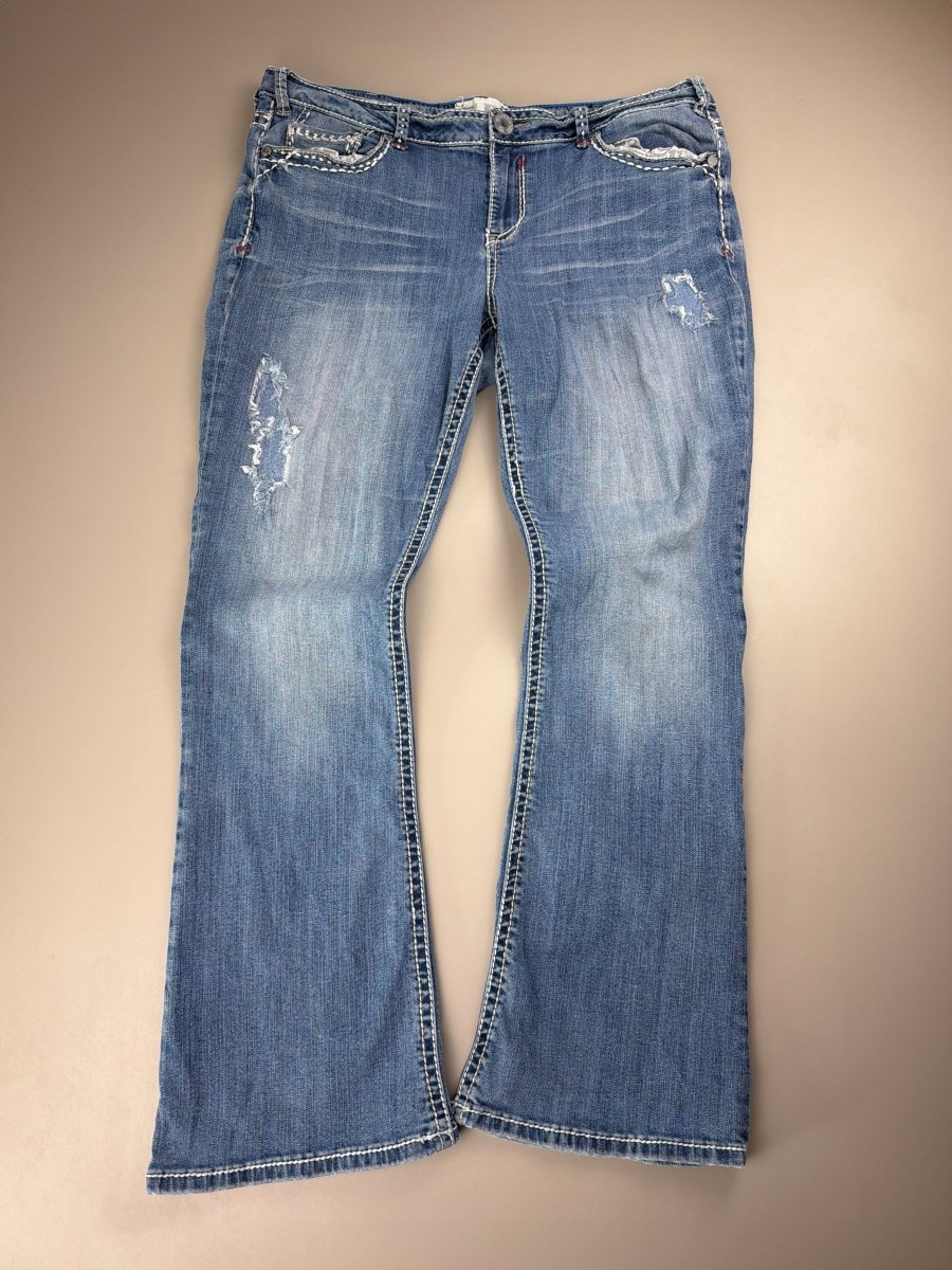 Miss Me Archive "Iconic Slim Boot" Low Waist Denim - Y2K Bling Distressed Blue - Past Pieces