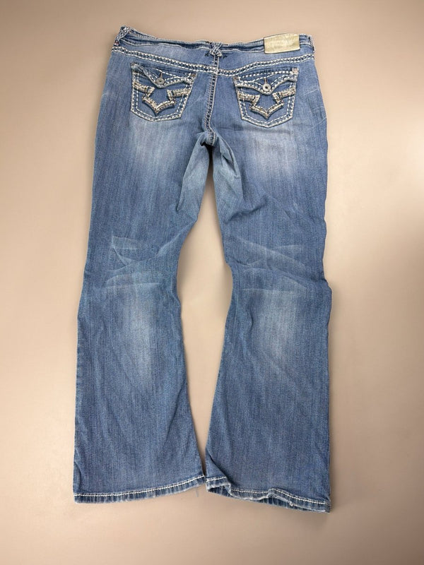 Miss Me Archive "Iconic Slim Boot" Low Waist Denim - Y2K Bling Distressed Blue