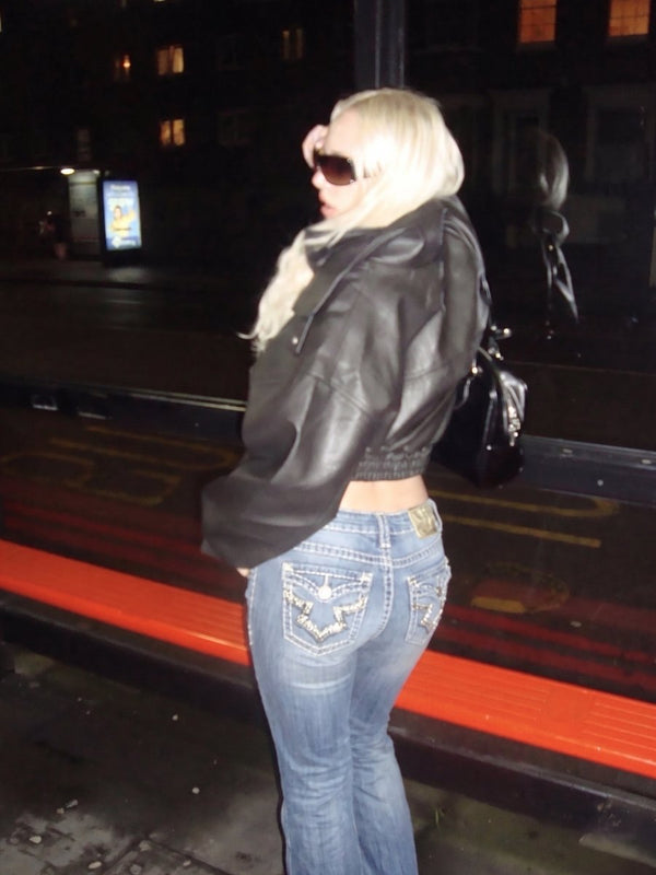 Miss Me Archive "Iconic Slim Boot" Low Waist Denim - Y2K Bling Distressed Blue