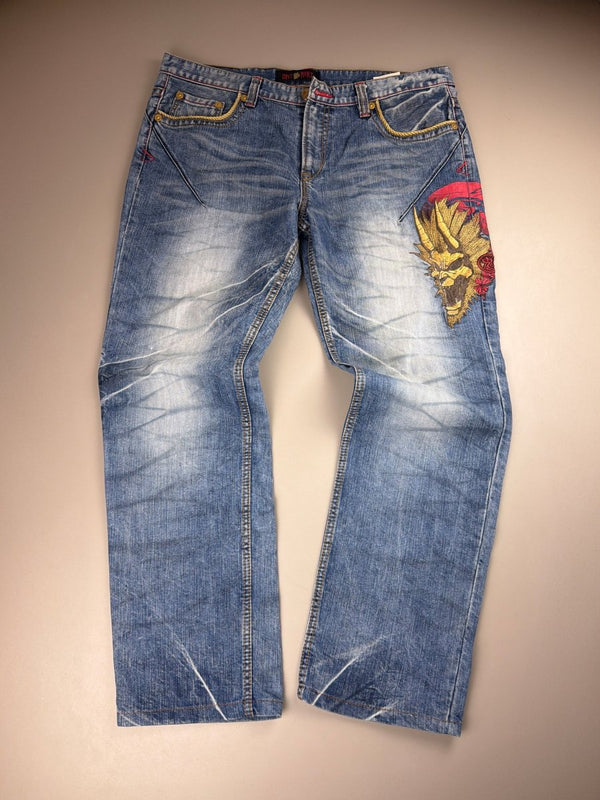 Oniarai Archive "Demon Oni" Heavy Embroidered Denim - Washed Blue