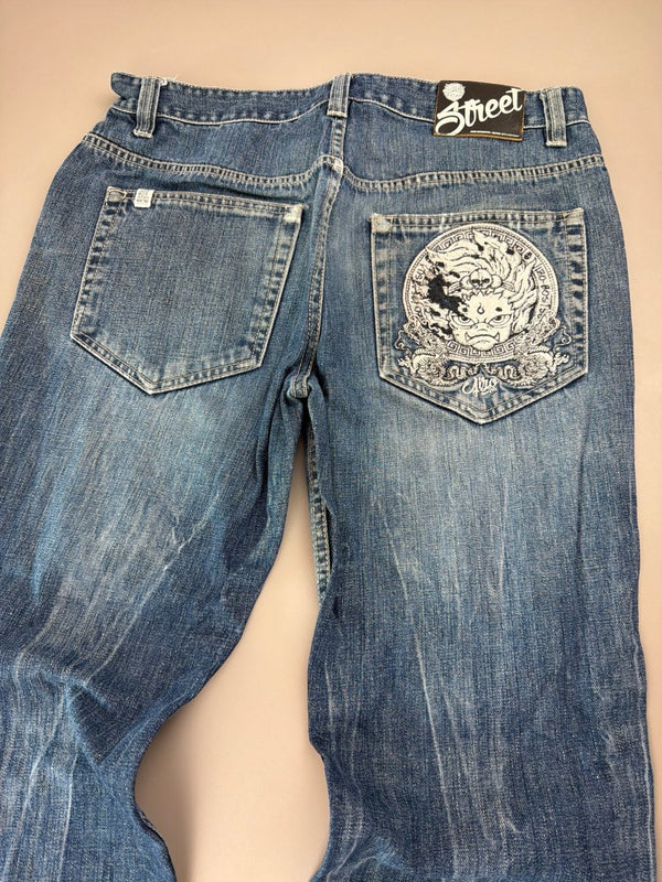 Oniarai "Oni Spirit" Heavy Embroidery Japan Denim – Mid Blue Baggy Y2K Cyber Streetwear