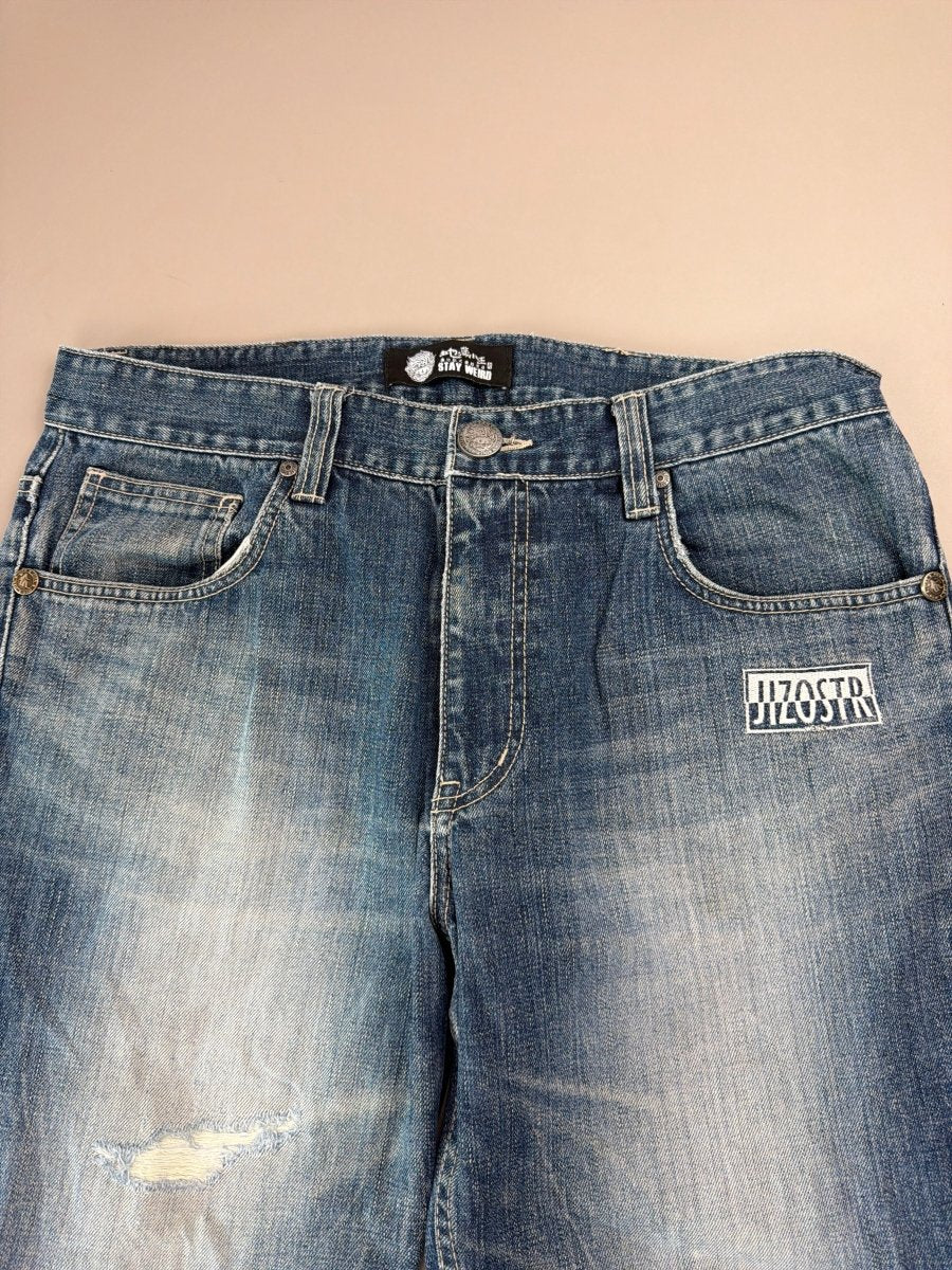 Oniarai "Oni Spirit" Heavy Embroidery Japan Denim – Mid Blue Baggy Y2K Cyber Streetwear - Past Pieces