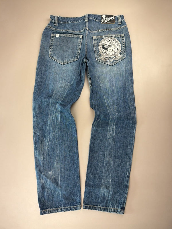 Oniarai "Oni Spirit" Heavy Embroidery Japan Denim – Mid Blue Baggy Y2K Cyber Streetwear