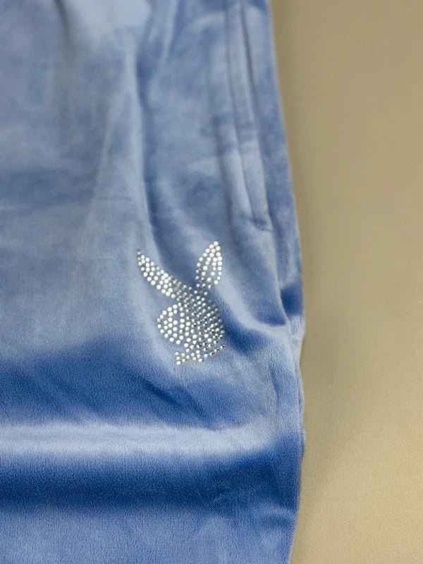 Playboy Rhinestone Velour "Bling Bunny" Trackpants – Periwinkle Y2K Pastel - Past Pieces