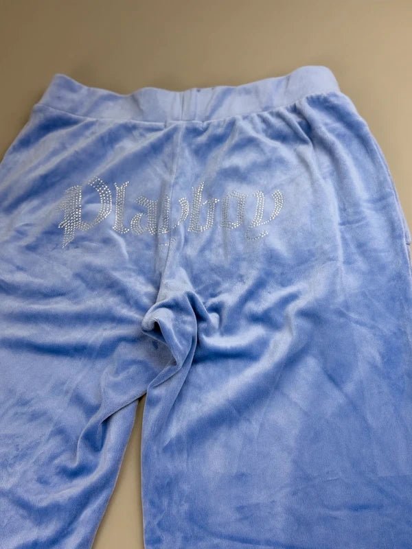 Playboy Rhinestone Velour "Bling Bunny" Trackpants – Periwinkle Y2K Pastel - Past Pieces