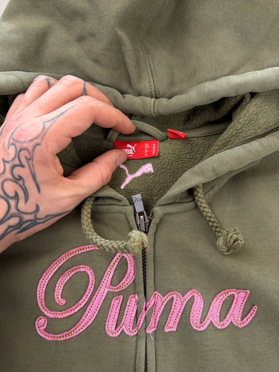 Puma "Cursive" Zip - Up Hoodie - Olive Green & Baby Pink - Past Pieces