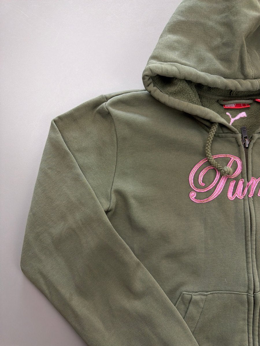 Puma "Cursive" Zip - Up Hoodie - Olive Green & Baby Pink - Past Pieces