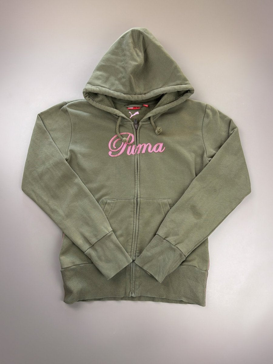 Puma "Cursive" Zip - Up Hoodie - Olive Green & Baby Pink - Past Pieces