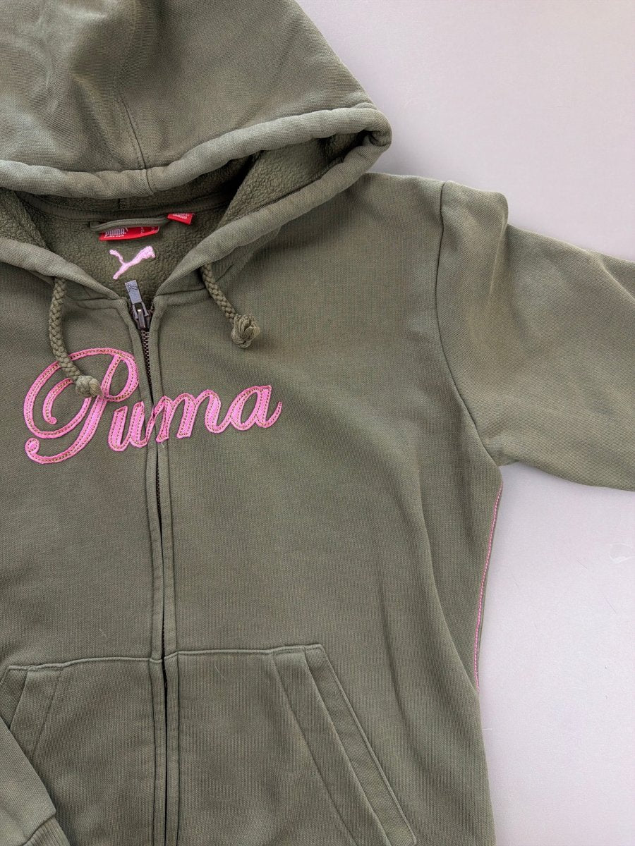 Puma "Cursive" Zip - Up Hoodie - Olive Green & Baby Pink - Past Pieces