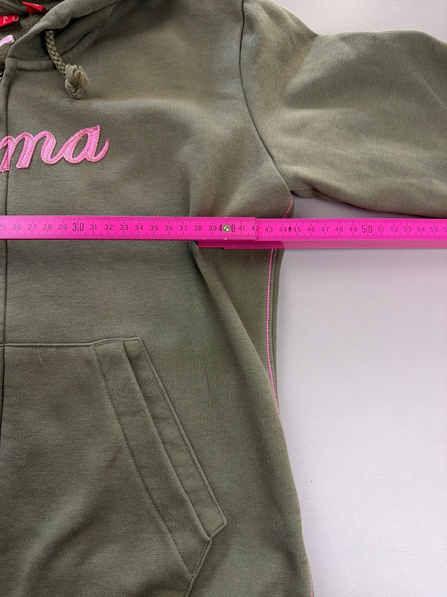 Puma "Cursive" Zip - Up Hoodie - Olive Green & Baby Pink - Past Pieces