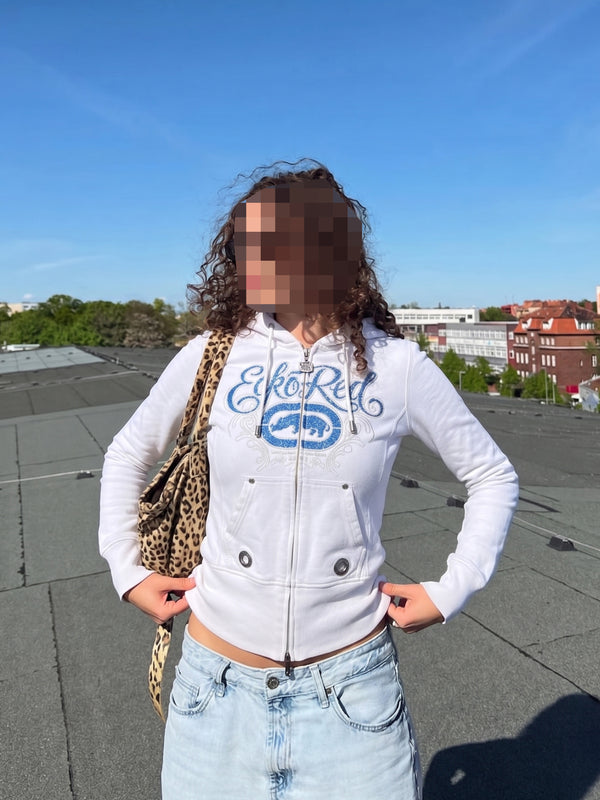 Ecko Red "Glitter Logo" Embellished Zip Hoodie - White