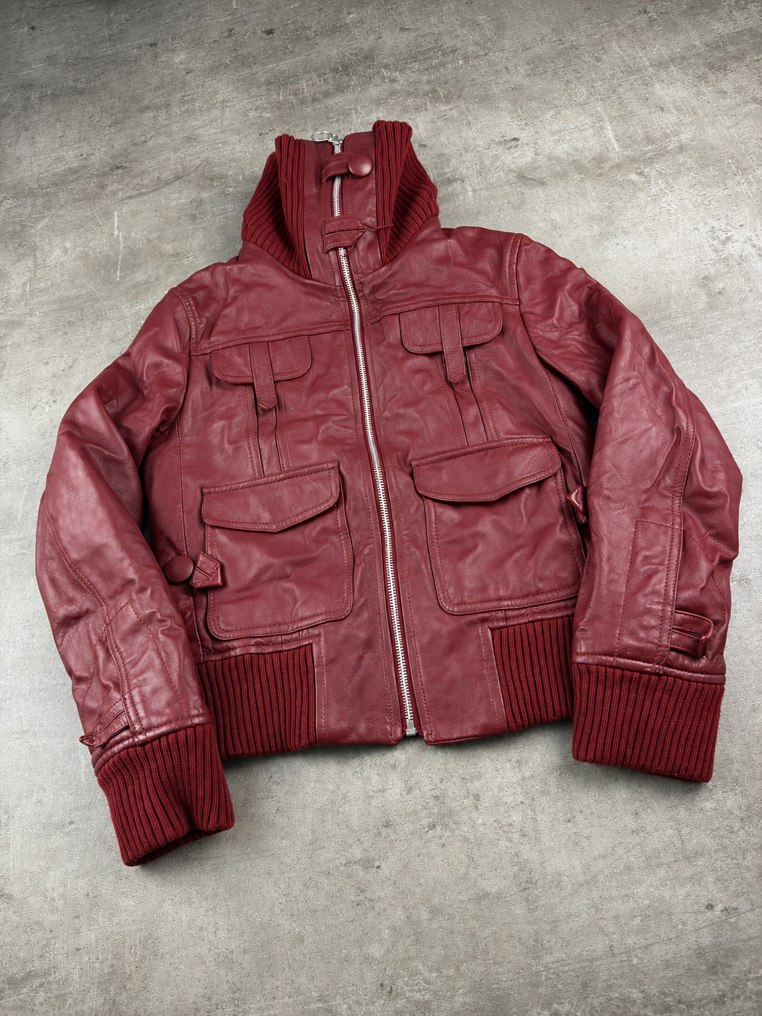 Y2K Chunky Knit Collar Biker Leather Jacket - Burgundy Red
