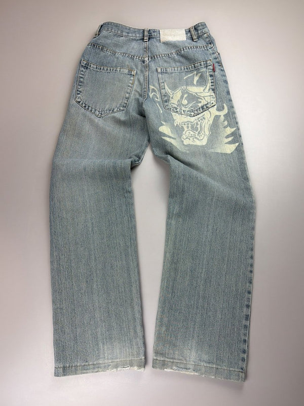 Sheng Yue Han "Oni Mask" Graphic Jeans - Baggy Light Wash