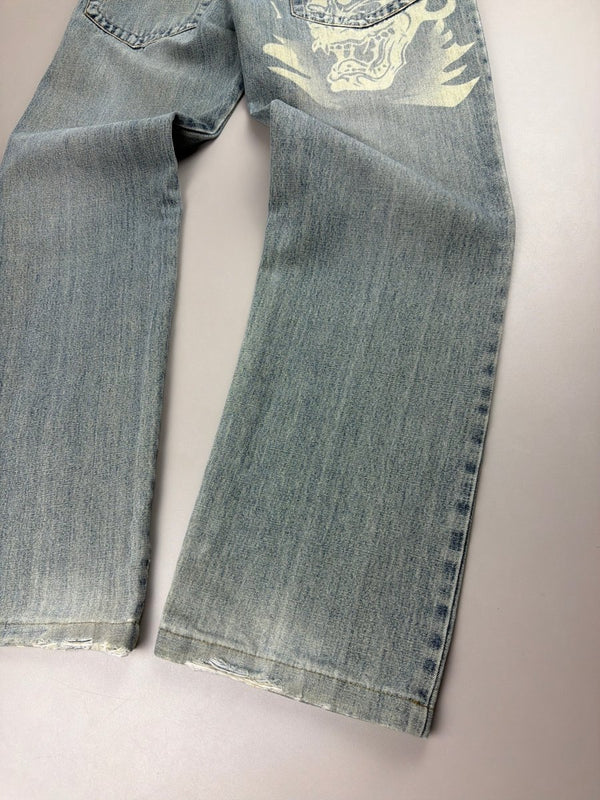 Sheng Yue Han "Oni Mask" Graphic Jeans - Baggy Light Wash