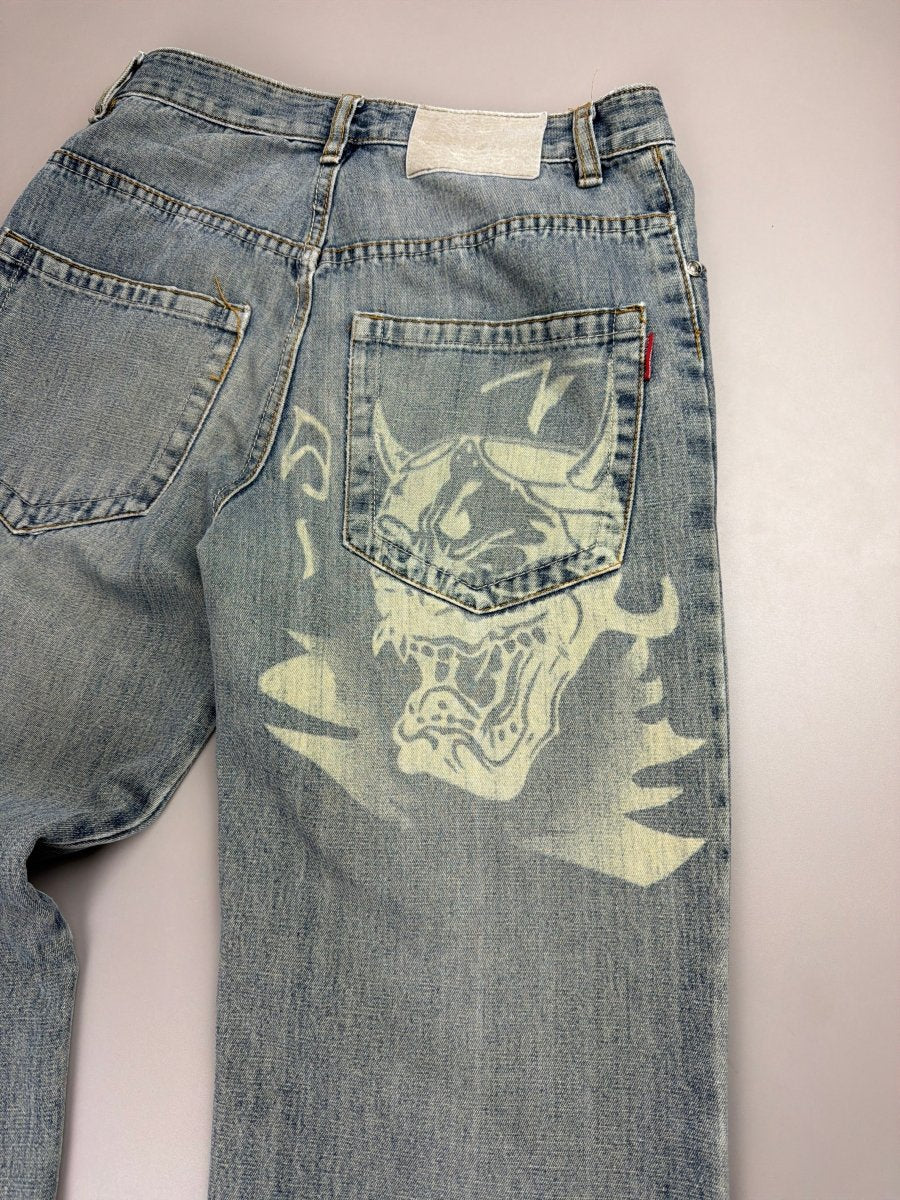 Sheng Yue Han "Oni Mask" Graphic Jeans - Baggy Light Wash - Past Pieces