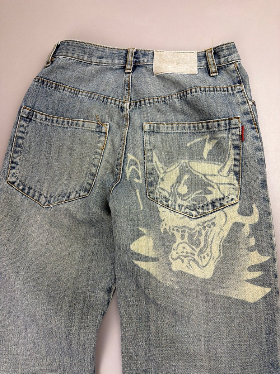 Sheng Yue Han "Oni Mask" Graphic Jeans - Baggy Light Wash - Past Pieces