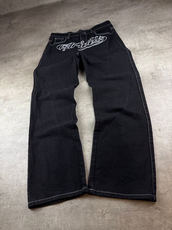 Strides Y2K Embroidered Logo Baggy Denim - Black / White Contrast Stitch