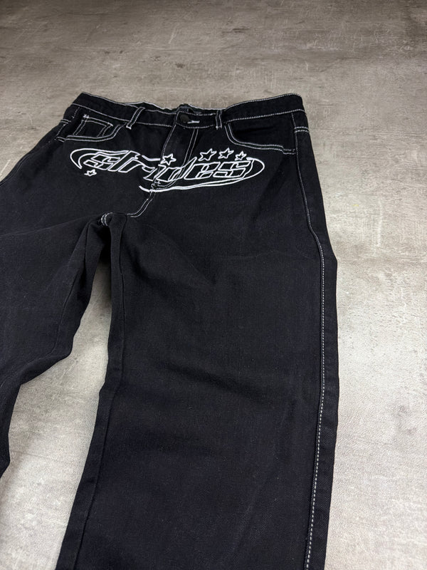 Strides Y2K Embroidered Logo Baggy Denim - Black / White Contrast Stitch