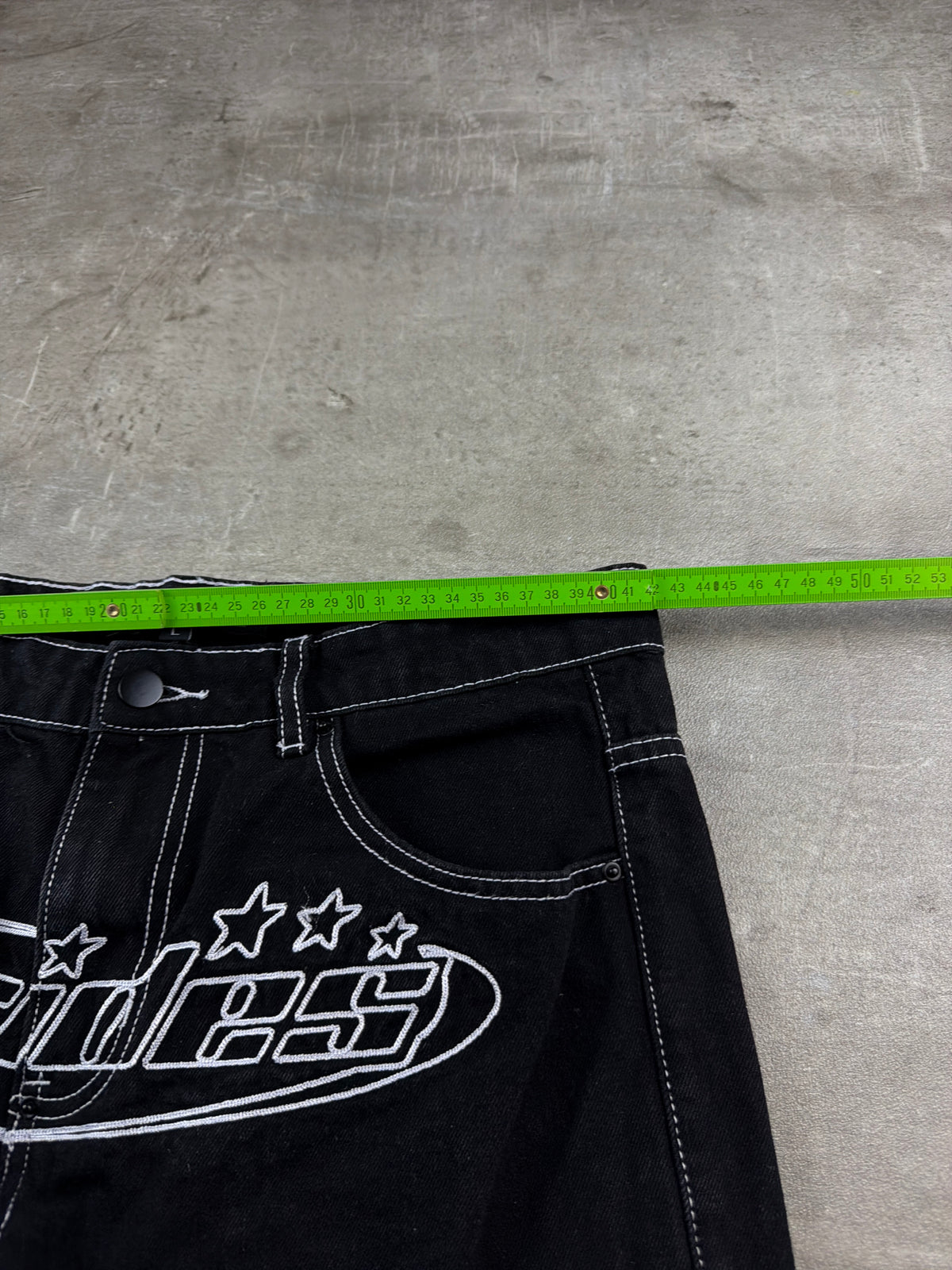 Strides Y2K Embroidered Logo Baggy Denim - Black / White Contrast Stitch - Past Pieces