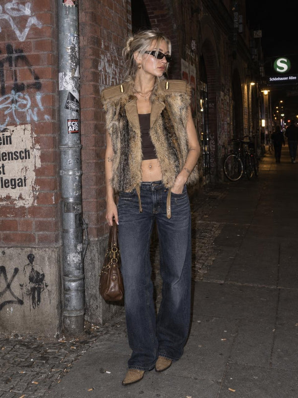 Vintage Pelz-Hoppe Berlin Real Fur Leather Vest - Brown / Beige