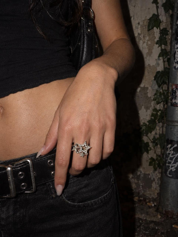 Y2K Rhinestone Triple Star Statement Ring - Silver