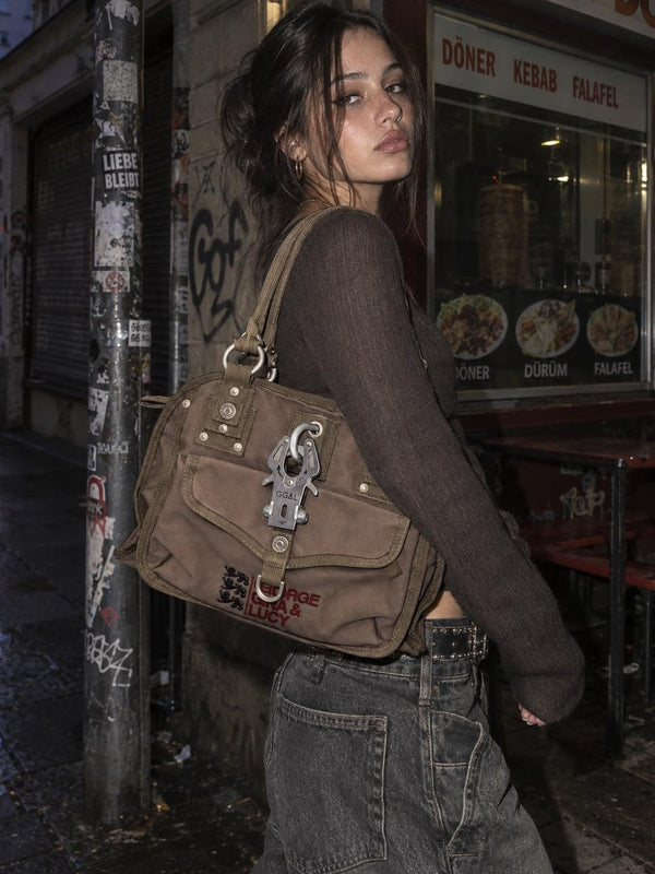 George Gina & Lucy "Haute Hip" Y2K Nylon Handbag - Brown / Khaki