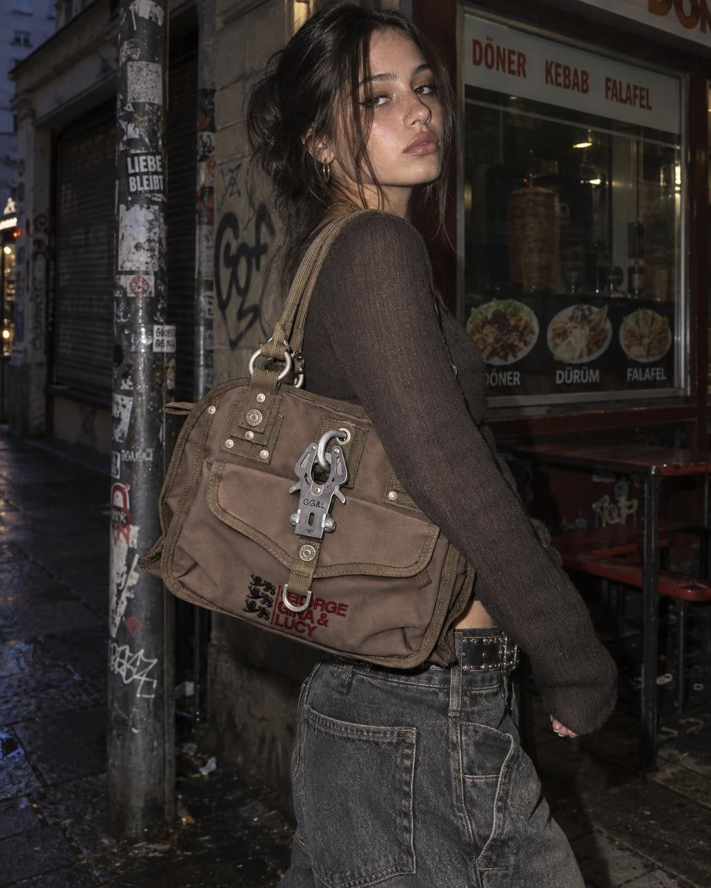 George Gina & Lucy "Haute Hip" Y2K Nylon Handbag - Brown / Khaki - Past Pieces