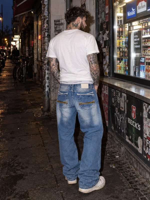 Smog Y2K Baggy Thick Stitch Denim Jeans - Light Blue Faded