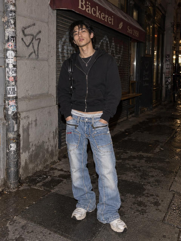 R-Neal Y2K Baggy Cargo Denim Jeans - Light Blue Washed