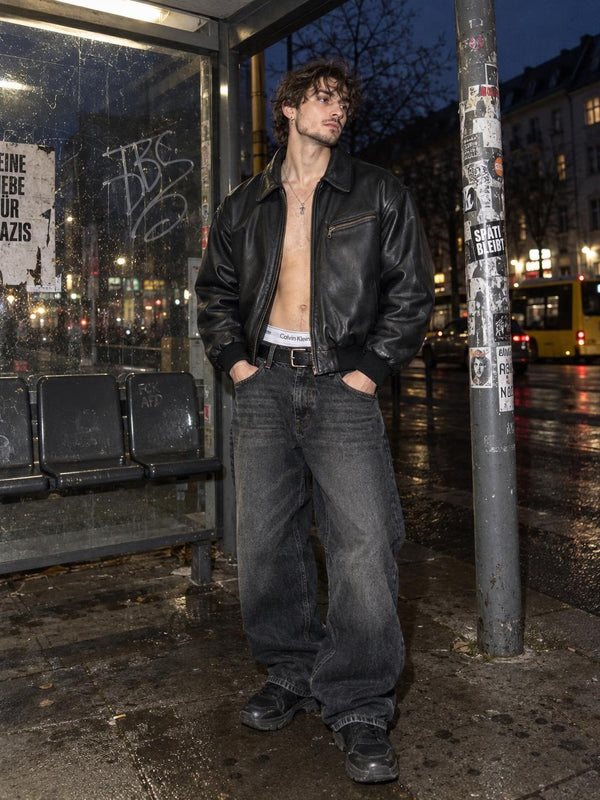Vintage 90s Oversized Leather Bomber Jacket - Black / Royal Blue Lining