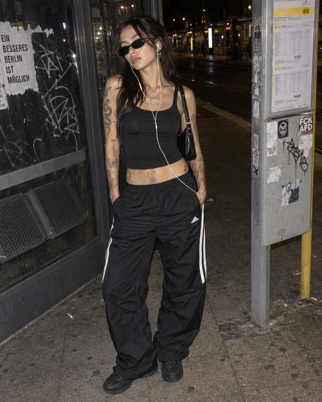 Adidas Y2K Three-Stripes Nylon Trackpants - Black / White - Past Pieces
