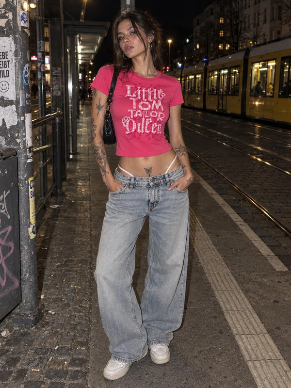 Tom Tailor Y2K "Little Tom Tailor Queen" Gingham Graphic Baby Tee - Hot Pink