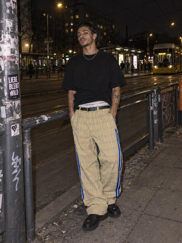 Adidas Originals Checkered Three Stripes Baggy Trackpants - Beige / Royal Blue