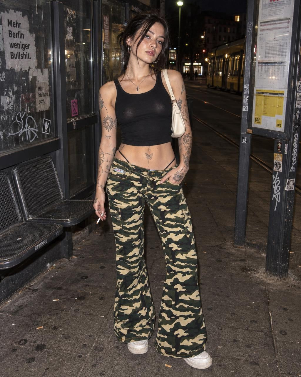 Sexy Jeans Y2K Camo Cargo Flared Pants - Green / Beige Stretch - Past Pieces
