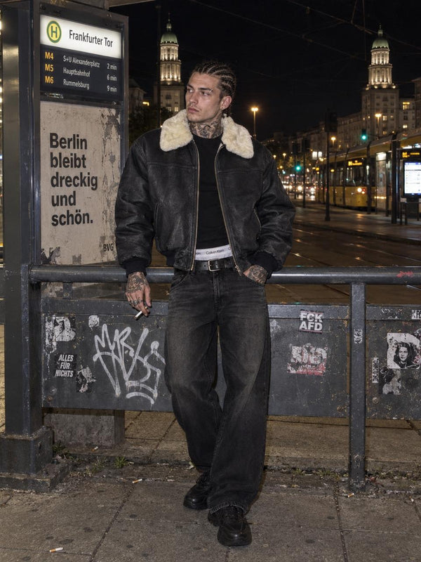 Vintage Leather Shearling Collar Bomber Jacket - Black / Cream Oversized