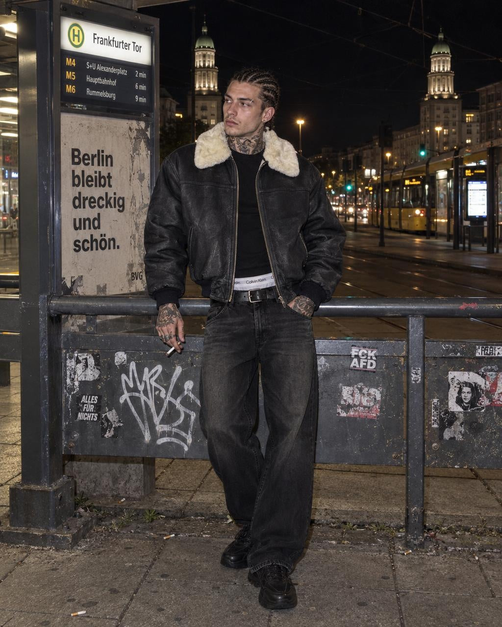 Vintage Leather Shearling Collar Bomber Jacket - Black / Cream Oversized – getragen