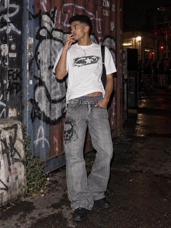 AJC Y2K Skull Graphic Baggy Denim Jeans - Washed Grey / Black